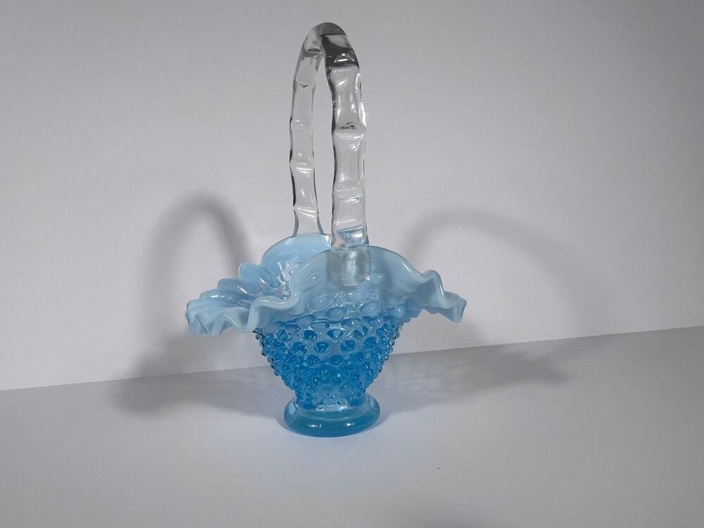 Vintage Fenton Small Hobnail Basket Teal blue with Opalescent Edge